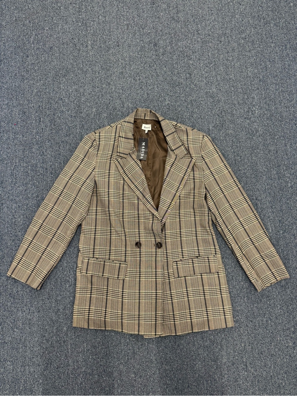 Oversized Checked Double-Breasted Blazer Jacket - Brown Plaid